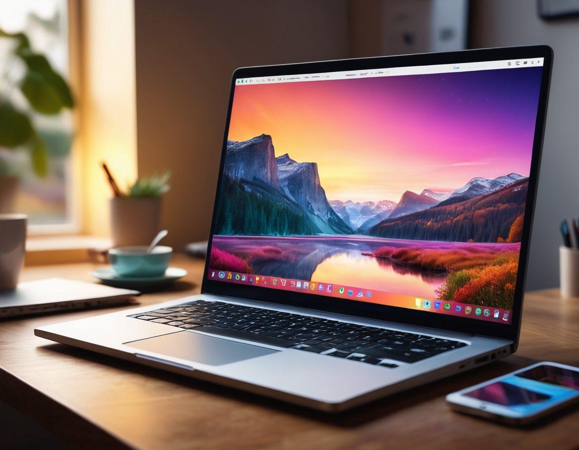 A serene scene depicting a laptop on a cozy desk, showcasing a vibrant website design with joyful user interactions on the screen. Surrounding the desk, elements of web development tools like code snippets and colorful design plans create an inspiring atmosphere. A soft glow emanates from the laptop, symbolizing innovation and success in web development. super-realistic. vibrant colors. cozy ambiance.