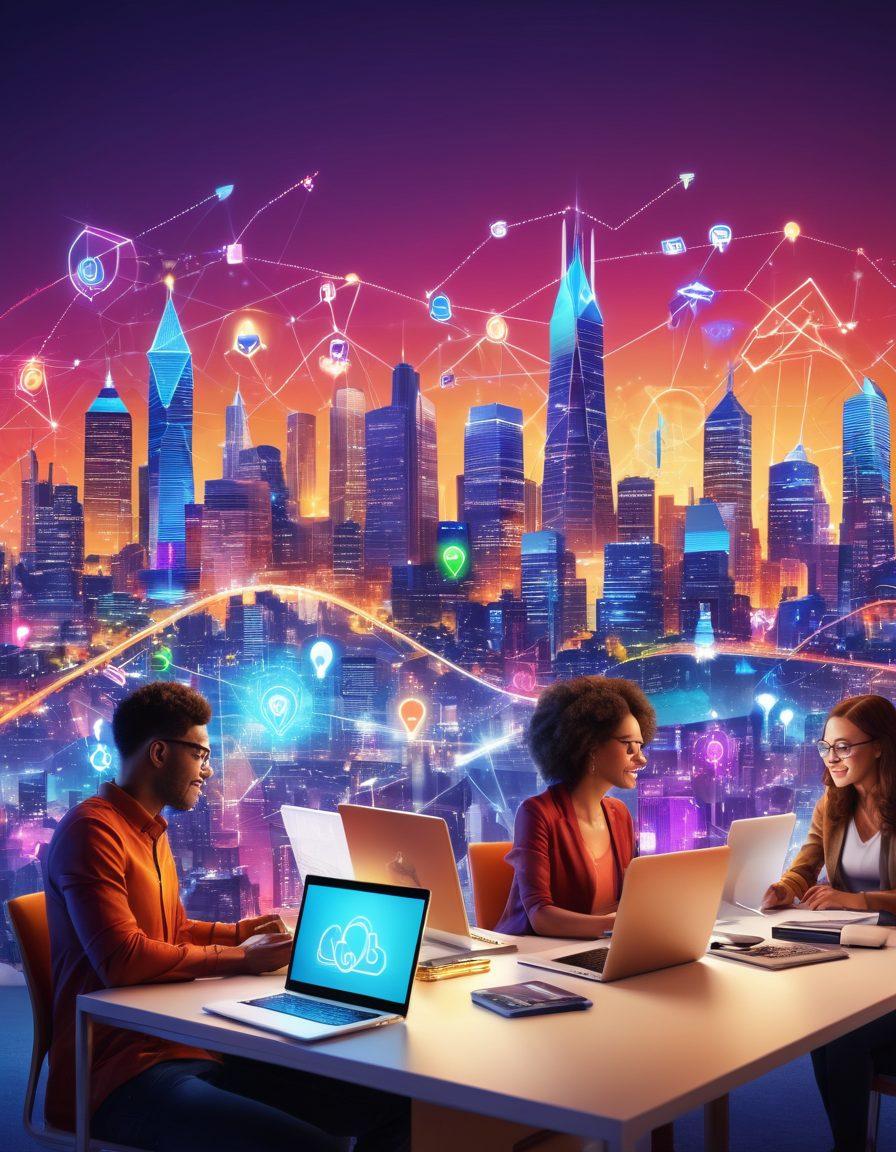 A bright, uplifting digital landscape featuring a diverse group of people engaged in collaborative work on laptops, surrounded by icons representing online success like graphs, upward arrows, and glowing lightbulbs. In the background, a vibrant cityscape symbolizes the digital world, blending technology and creativity for joyful online experiences. super-realistic. vibrant colors. 3D.