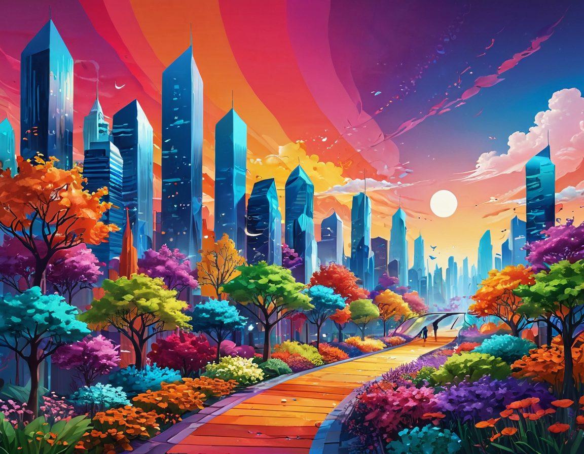 An abstract digital landscape featuring vibrant colors and dynamic shapes representing growth and joy. Include elements such as a glowing pathway leading through a colorful, futuristic cityscape filled with smiling people engaged in digital activities. The sky should be bright and uplifting, suggesting positivity and satisfaction. Infuse the scene with a blend of nature, like trees and flowers, to symbolize harmony in the online world. super-realistic. vibrant colors. 3D.